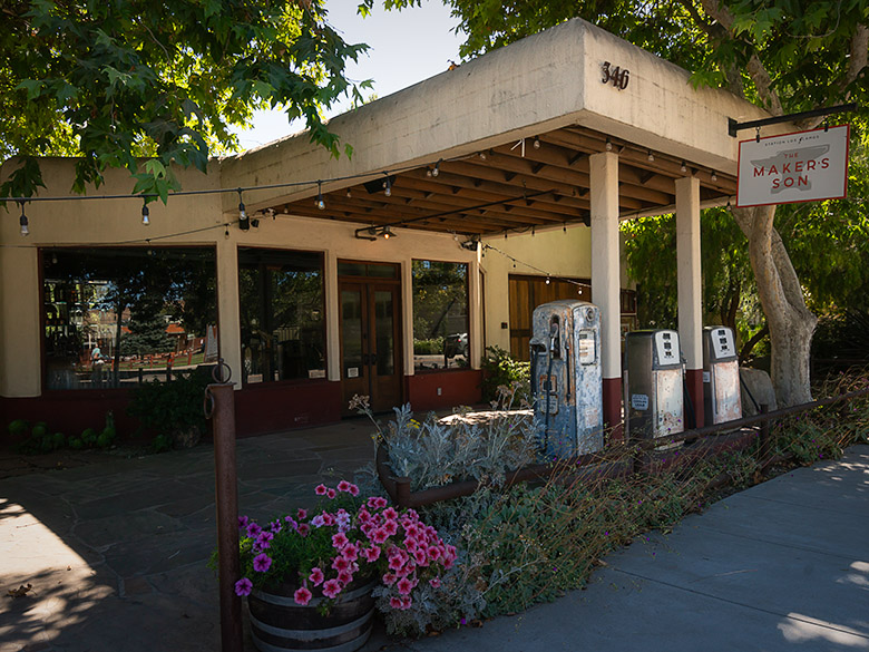 Vintage gas station repurposed as Makers Son venue in Los Alamos, California with rustic charm