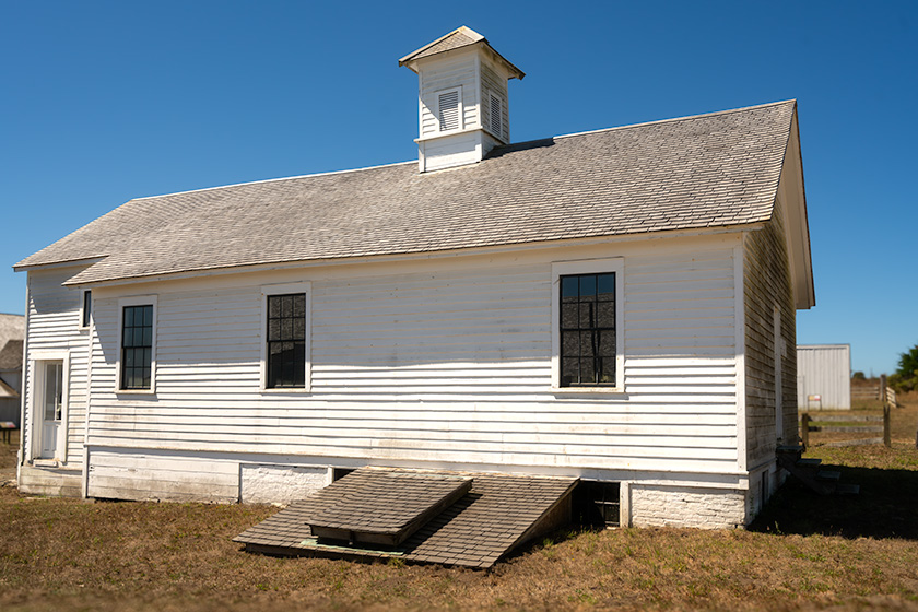 White historical building with cupola at Pierce Point Ranch, Point Reyes, California