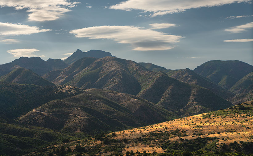 Majestic view of Mazatzal Range with Saddle Mountain silhouette at Rincon Pass.