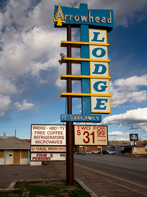 Arrowhead Lodge sign showcasing classic Route 66 Americana