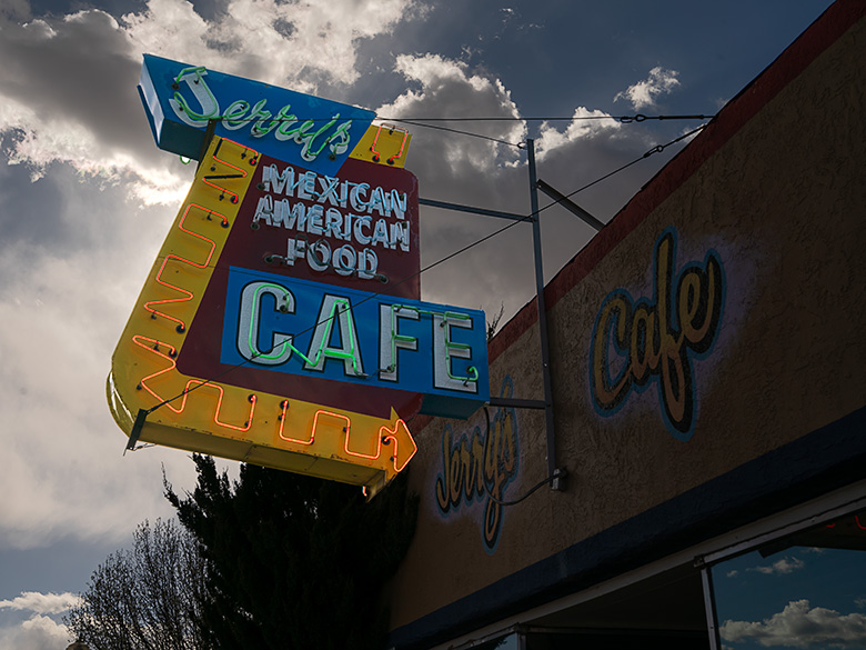 Vintage neon sign of Jerry's Cafe in Gallup