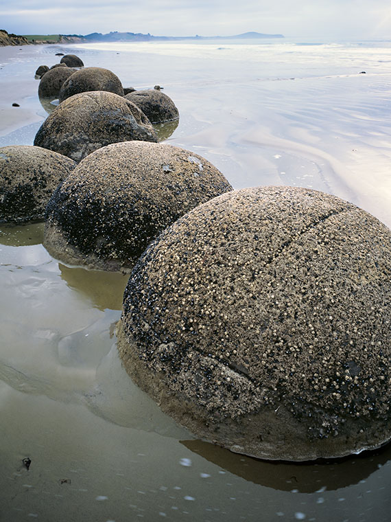 Morki Boulders on New Zealand's South Island beach.