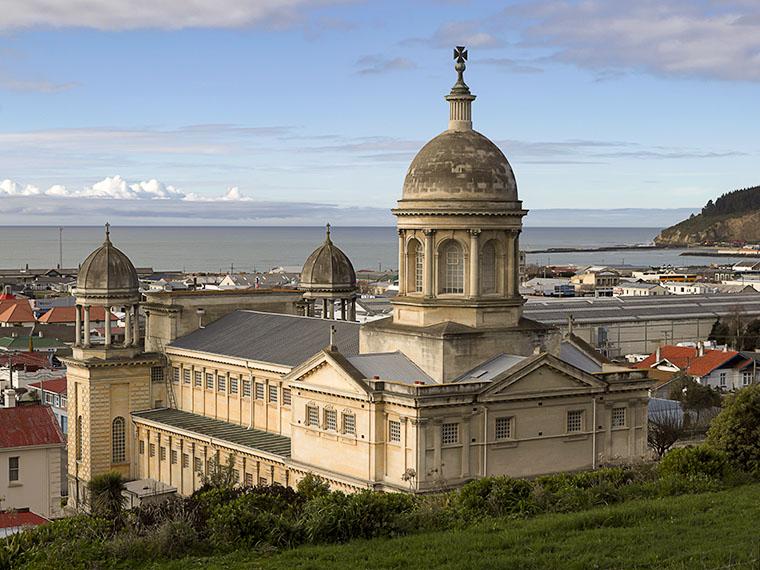 St Patrick's Basilica overlooks Oamaru's harbor on the south island of New Zealand.