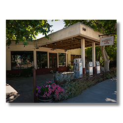 Vintage gas station repurposed as Makers Son venue in Los Alamos, California with rustic charm