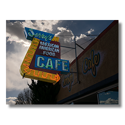 Neon sign of Jerry's Cafe, a Mexican-American restaurant in Gallup, New Mexico